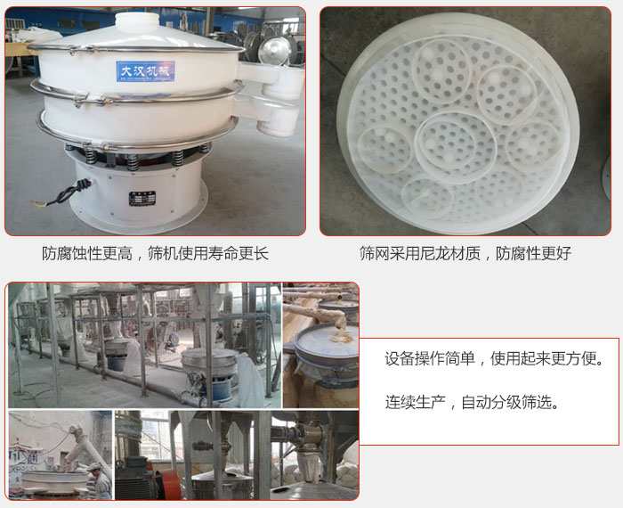 直徑1000型塑料振動(dòng)篩特點(diǎn)：1，防腐蝕性更高，篩機(jī)使用壽命更長.2，篩網(wǎng)采用尼龍材質(zhì)，防腐性更好，3，設(shè)備操作簡單，使用起來更方便。4，連續(xù)生產(chǎn)，自動(dòng)分級(jí)篩選。